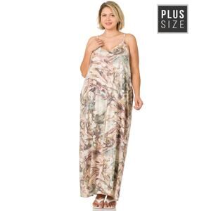 1X Zenana Pink Desert Swirl Cami Maxi Shift Dress POCKETS Soft French Terry